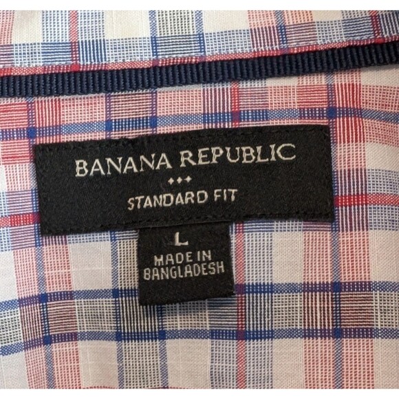Banana Republic Size Large Mens Plaid Shirt Red Short Sleeve Top Like Linen - Picture 2 of 4